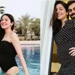 Anushka showing baby bump in black bikini