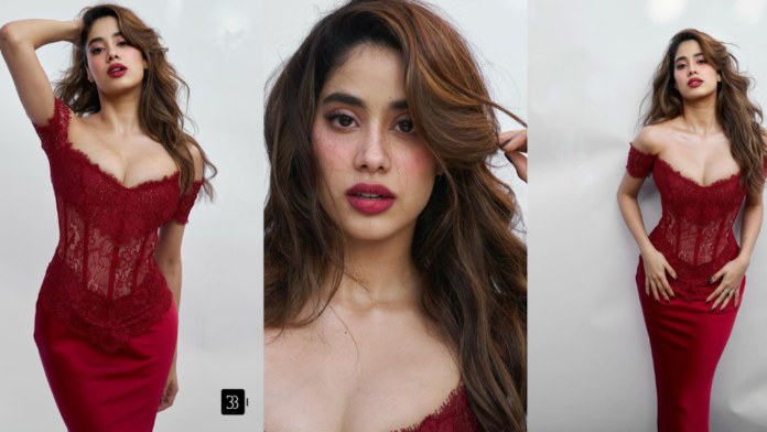 Janhvi Kapoor looking stunning in a dazzling red dress, capturing her elegant style.